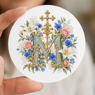 Sticker Rond Monogramme marial catholique floral bleu 