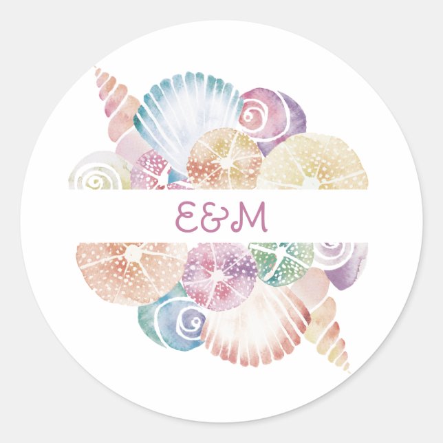 Sticker Rond Monogramme Marine Aquarelle Coques de mer Logo Mar (Devant)