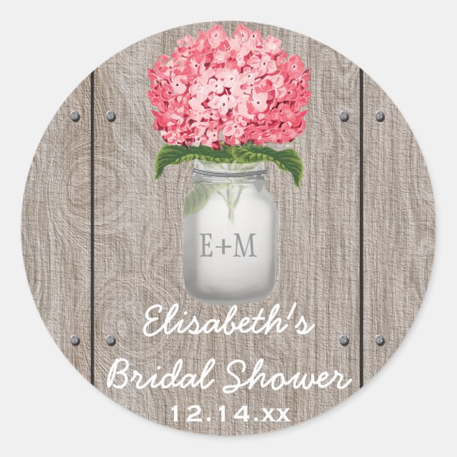 Sticker Rond Monogramme Mason Jar Fuchsia Hydrangea Fête des ma (Devant)