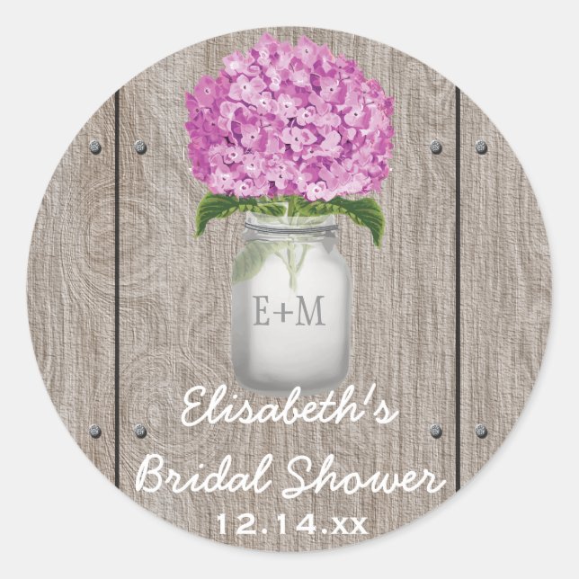 Sticker Rond Monogramme Mason Jar Plum Hydrangea Fête des marié (Devant)