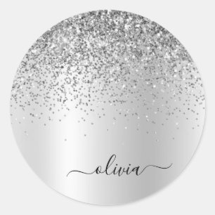 Sticker Rond Monogramme Métal Paillettes Argent Nom Glam