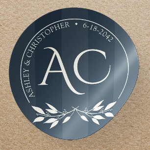 Sticker Rond Monogramme minimaliste Indigo Mariage bleu rayé