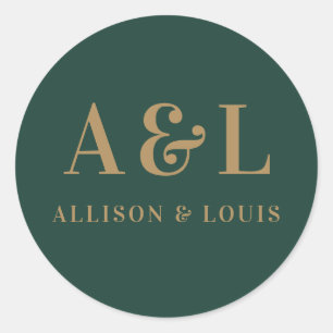 Sticker Rond Monogramme minimaliste mariage Emerald Green Gold