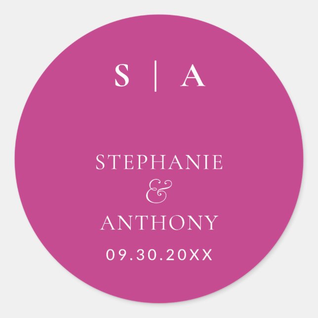 Sticker Rond Monogramme minimaliste moderne Magenta, Mariage bl (Devant)