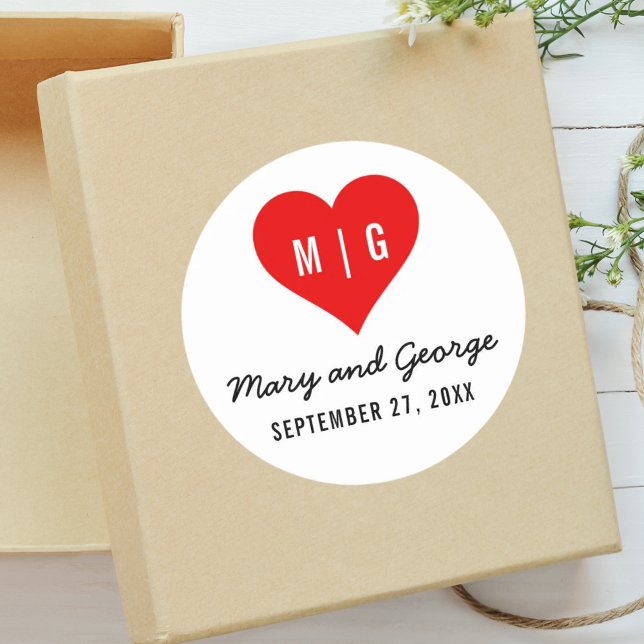 Sticker Rond Monogramme Moderne Coeur Mariage Personnalisé Enre (Créateur téléchargé)