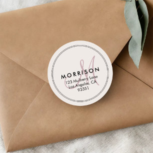 Sticker Rond Monogramme Moderne Élégant Rose Pâle Adresse de Re