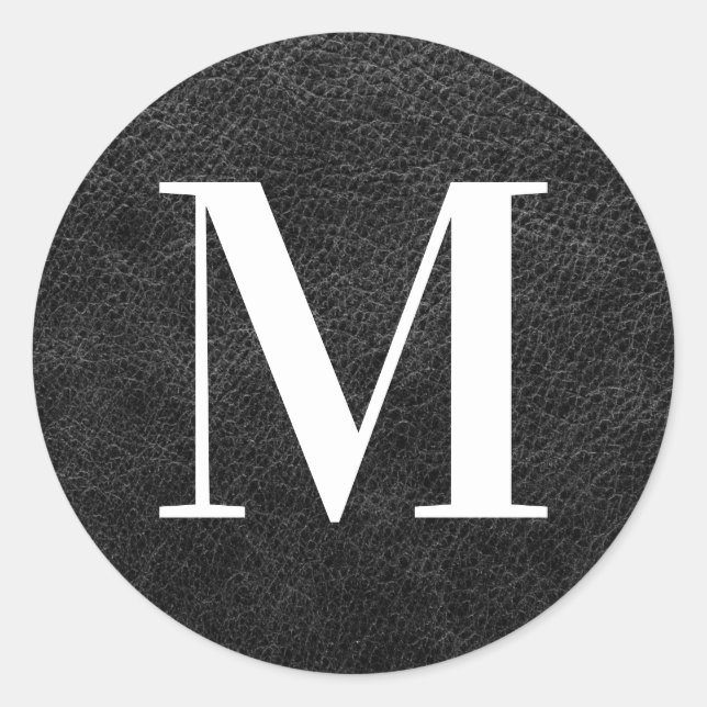 Sticker Rond Monogramme moderne en cuir noir Faux (Devant)