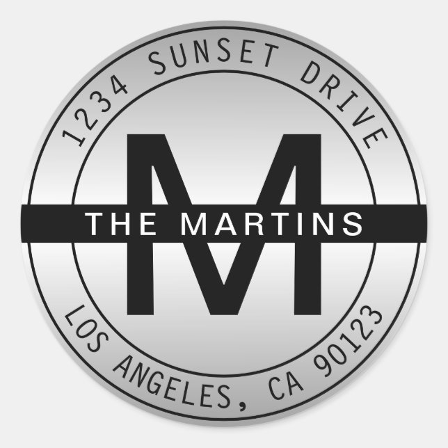 Sticker Rond Monogramme moderne et adresse circulaire | Gris dé (Devant)