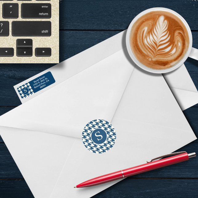 Sticker Rond Monogramme moderne Houndstooth bleu et blanc (Créateur téléchargé)