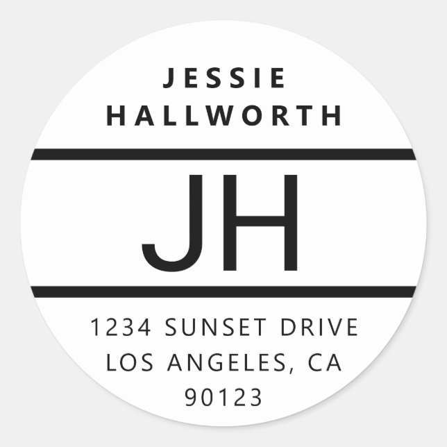 Sticker Rond Monogramme moderne noir et blanc (Devant)