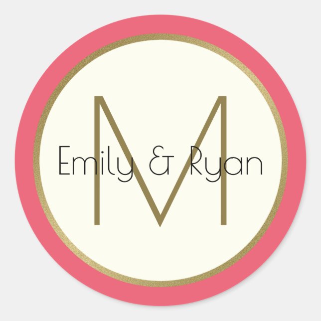 Sticker Rond Monogramme moderne or et rose (Devant)