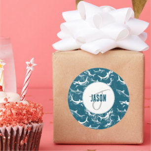 Sticker Rond Monogramme Motif de requins bleus en détresse