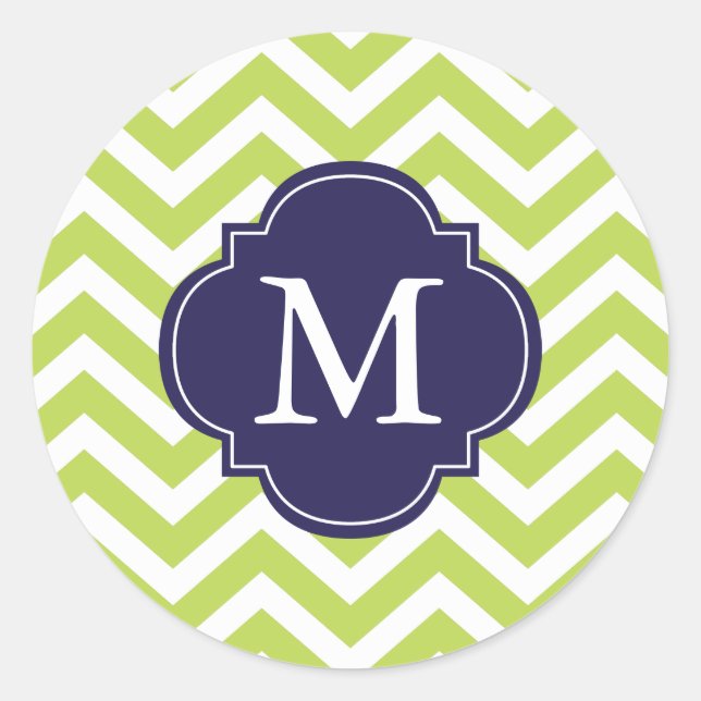Sticker Rond Monogramme Motif de Zigzags Vert et Bleu (Devant)