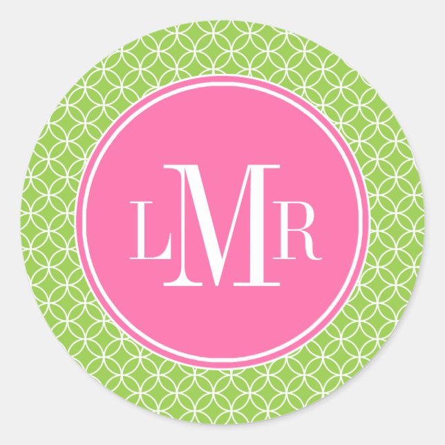 Sticker Rond Monogramme Motif des cercles vert et rose (Devant)