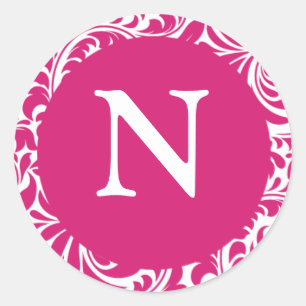 Sticker Rond Monogramme N Fuchsia Blanc Personnalisé Mariage Mo