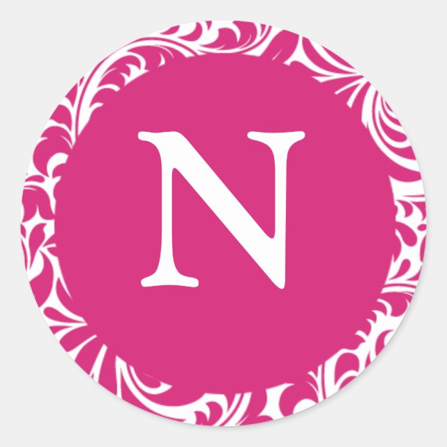 Sticker Rond Monogramme N Fuchsia Blanc Personnalisé Mariage Mo (Devant)