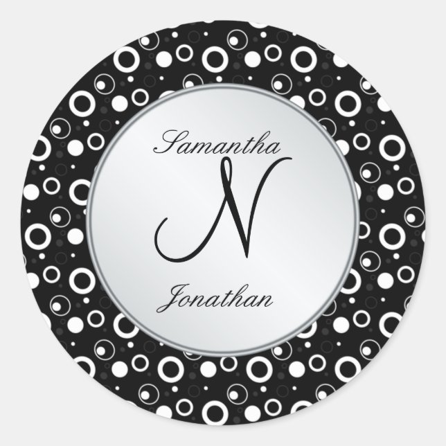 Sticker Rond Monogramme "N" noir blanc bulles cercles Mariage (Devant)