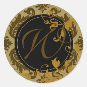 Sticker Rond Monogramme néopolitain Damask "W" (céleri/moutarde