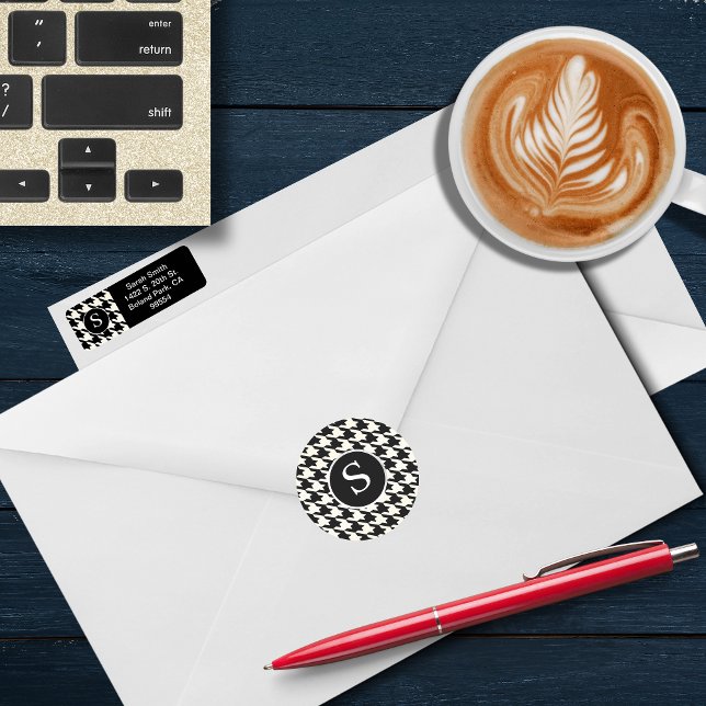 Sticker Rond Monogramme noir & blanc moderne Houndstooth (Créateur téléchargé)