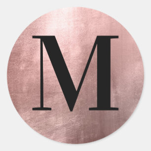 Sticker Rond Monogramme noir classique sur Faux Rose Gold Foil