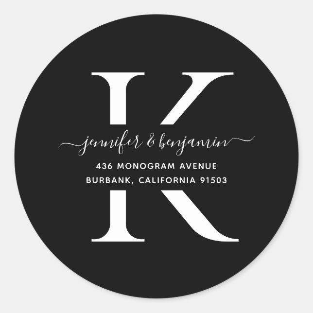 Sticker Rond Monogramme noir et blanc Adresse de retour (Devant)