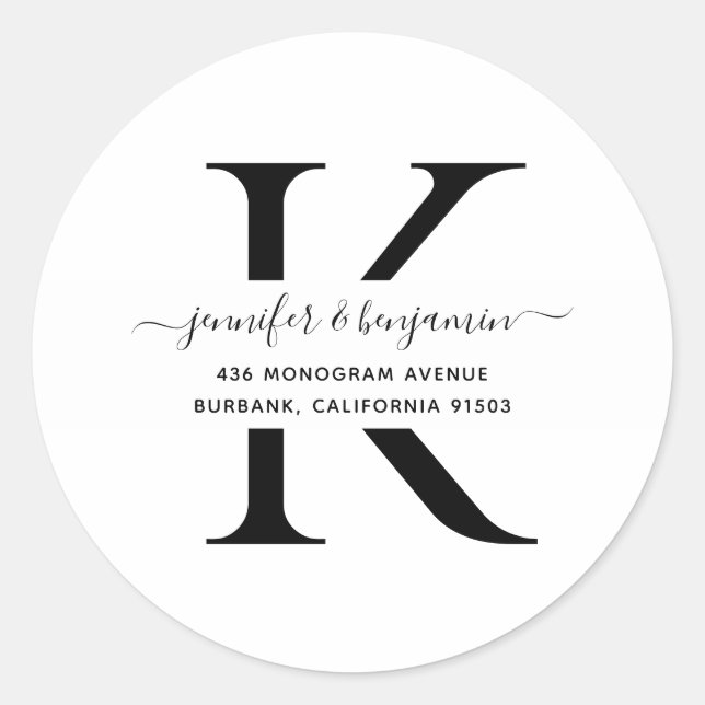 Sticker Rond Monogramme noir et blanc Adresse de retour (Devant)