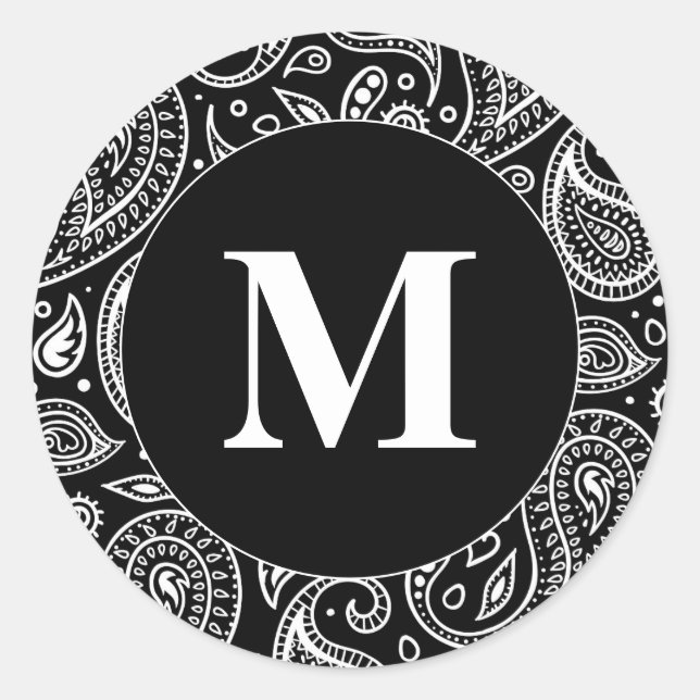 Sticker Rond Monogramme noir et blanc Motif floral Paisley (Devant)