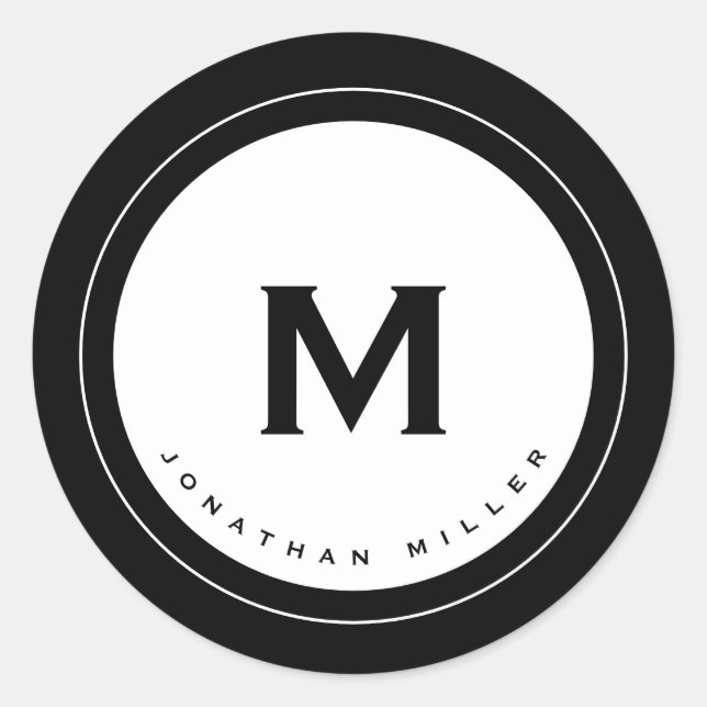 Sticker Rond Monogramme noir et blanc simple Initiale & Nom (Devant)