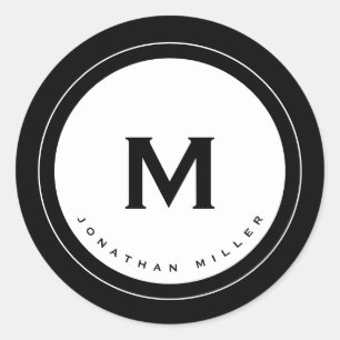 Sticker Rond Monogramme noir et blanc simple Initiale & Nom