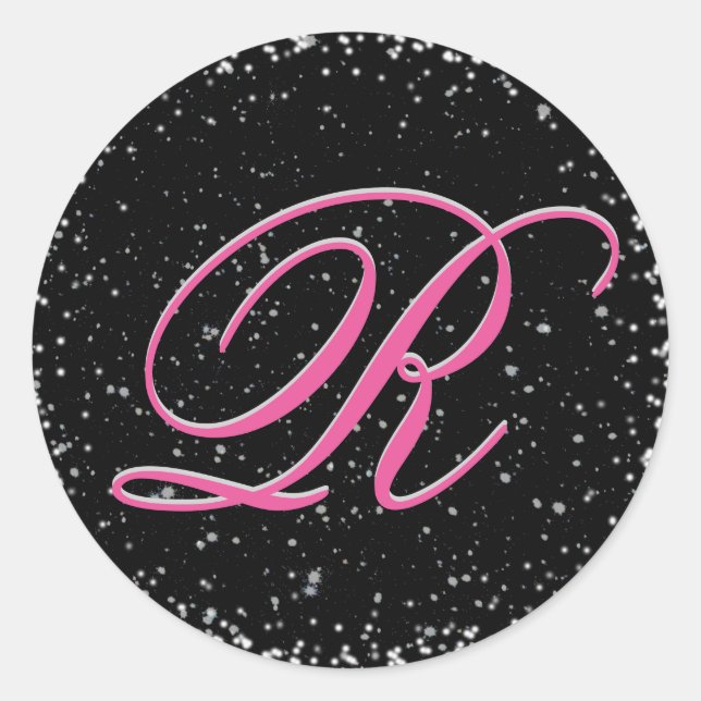 Sticker Rond Monogramme noir et rose avec des étoiles (Devant)