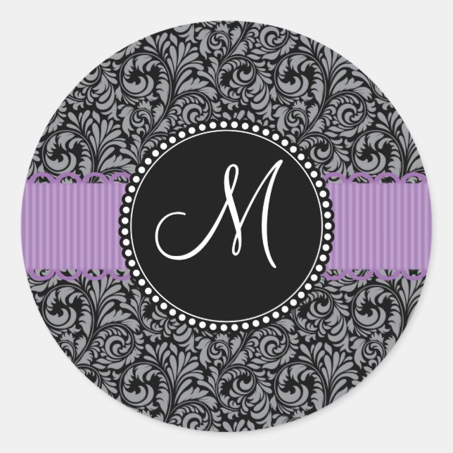 Sticker Rond Monogramme Noir Floral initial Damas Violet Ribbon (Devant)