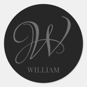 Sticker Rond Monogramme noir gris élégant personnalisé initial