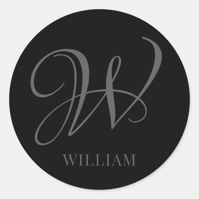 Sticker Rond Monogramme noir gris élégant personnalisé initial (Devant)