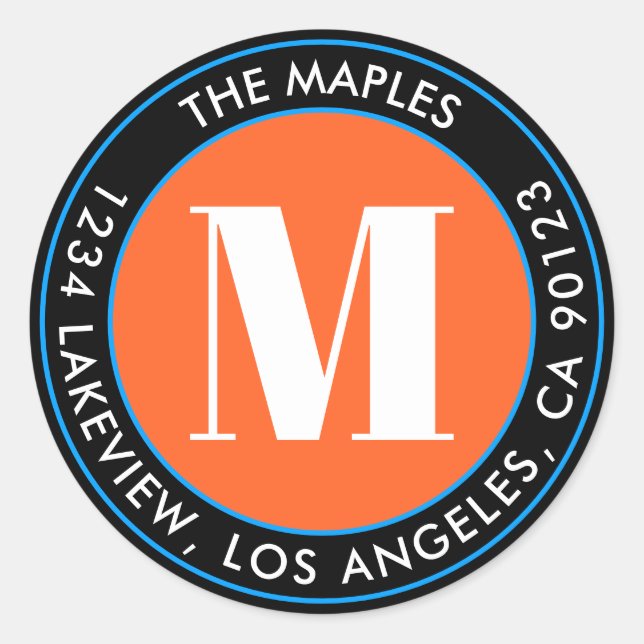 Sticker Rond Monogramme noir orange bleu en gras Adresse de ret (Devant)