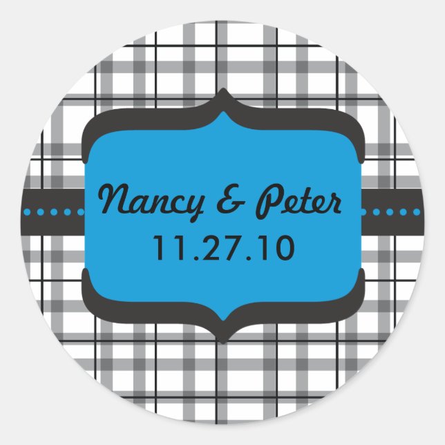 Sticker Rond Monogramme noir plaid et Mariage bleu (Devant)