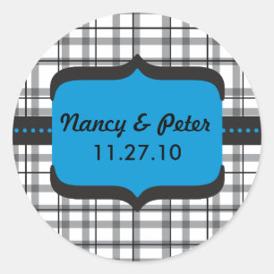 Sticker Rond Monogramme noir plaid et Mariage bleu
