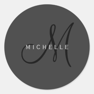 Sticker Rond Monogramme noir professionnel Gris Votre nom