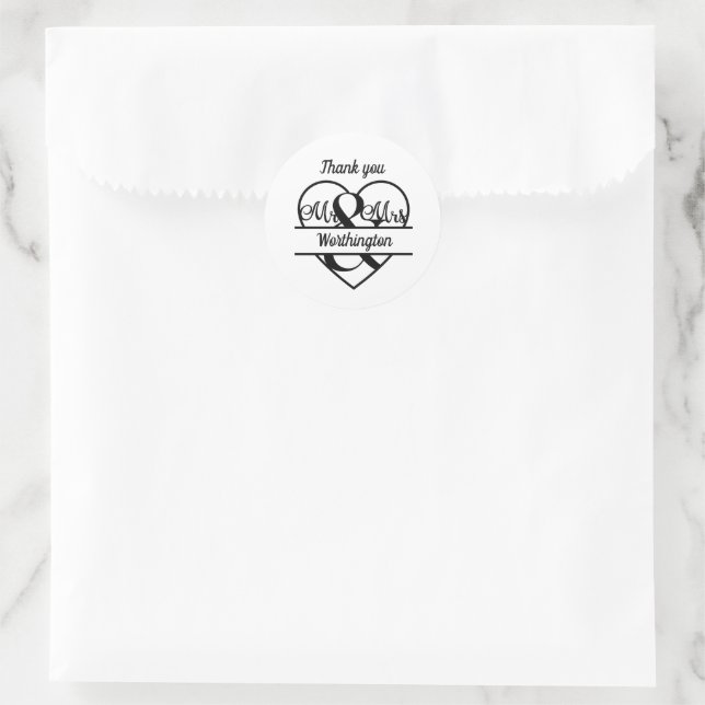 Sticker Rond Monogramme Nom du Mariage Coeur Noir Blanc Merci (Sac)