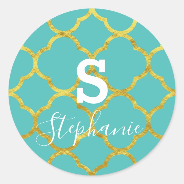 Sticker Rond Monogramme Nom initial Turquoise Blue Gold Foil 20 (Devant)