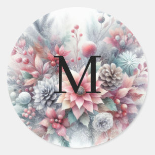 Sticker Rond Monogramme nom Noël floral aquarelle pastel