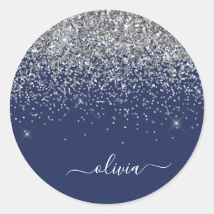 Sticker Rond Monogramme Nom Paillettes Bleu Marine Argenté Fill