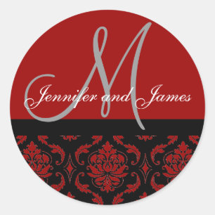 Sticker Rond Monogramme & Noms Damask Burgundy Rouge Mariage Sc