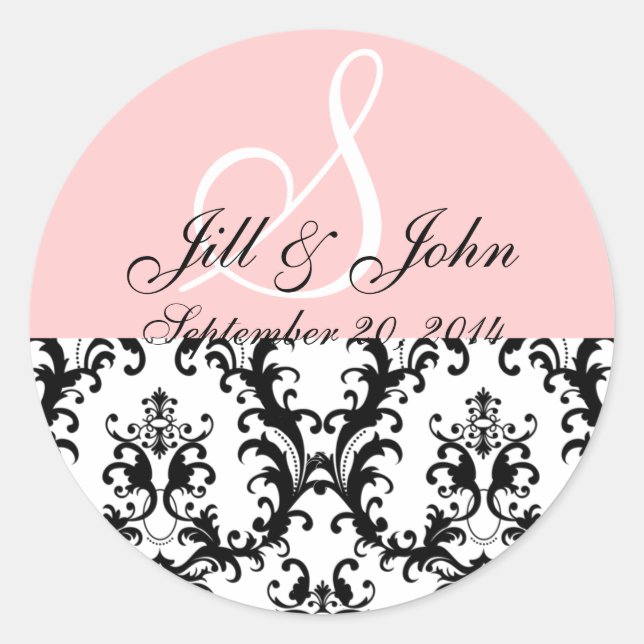 Sticker Rond Monogramme Noms Date Damask Mariage rose (Devant)