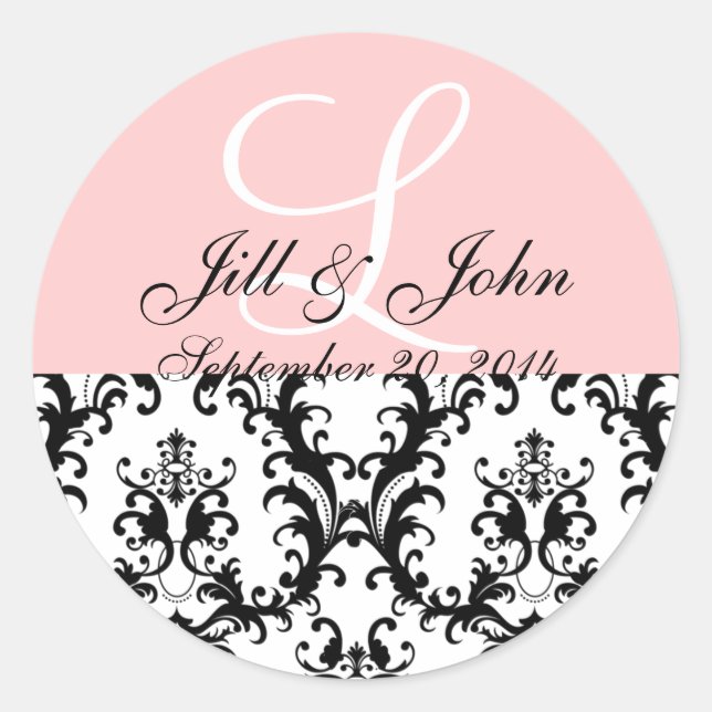Sticker Rond Monogramme Noms Date Damask Mariage rose (Devant)