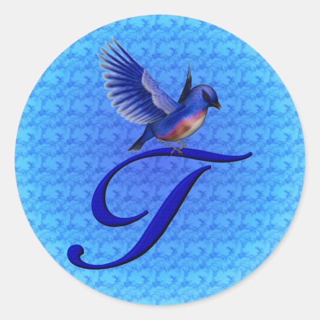 Sticker Rond Monogramme Oiseau Bleu Initiale T (Devant)