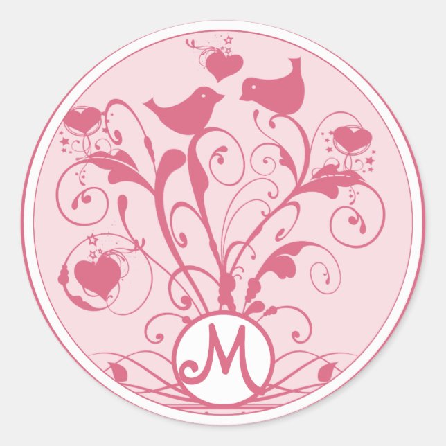 Sticker Rond Monogramme Oiseaux Mariages Coeurs Éperies Lèvres (Devant)