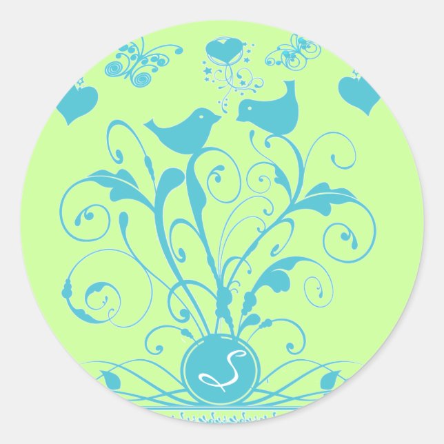 Sticker Rond Monogramme Oiseaux Mariages Coeurs Éperlations Aqu (Devant)