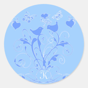 Sticker Rond Monogramme Oiseaux Mariages Coeurs Éperons Bleu