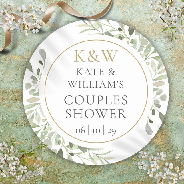Sticker Rond Monogramme Or Fête des mariées Couples de verdure (Gold Monogram Greenery Couples Bridal Shower Classic Round Sticker)