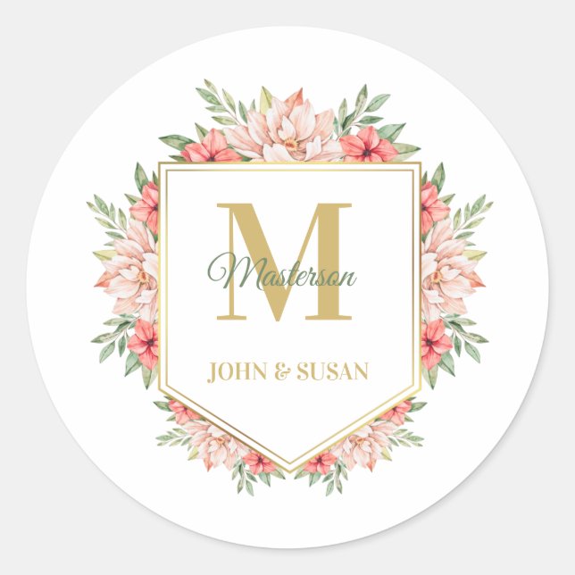 Sticker Rond Monogramme Or Personnalisé Cadre Floral (Devant)